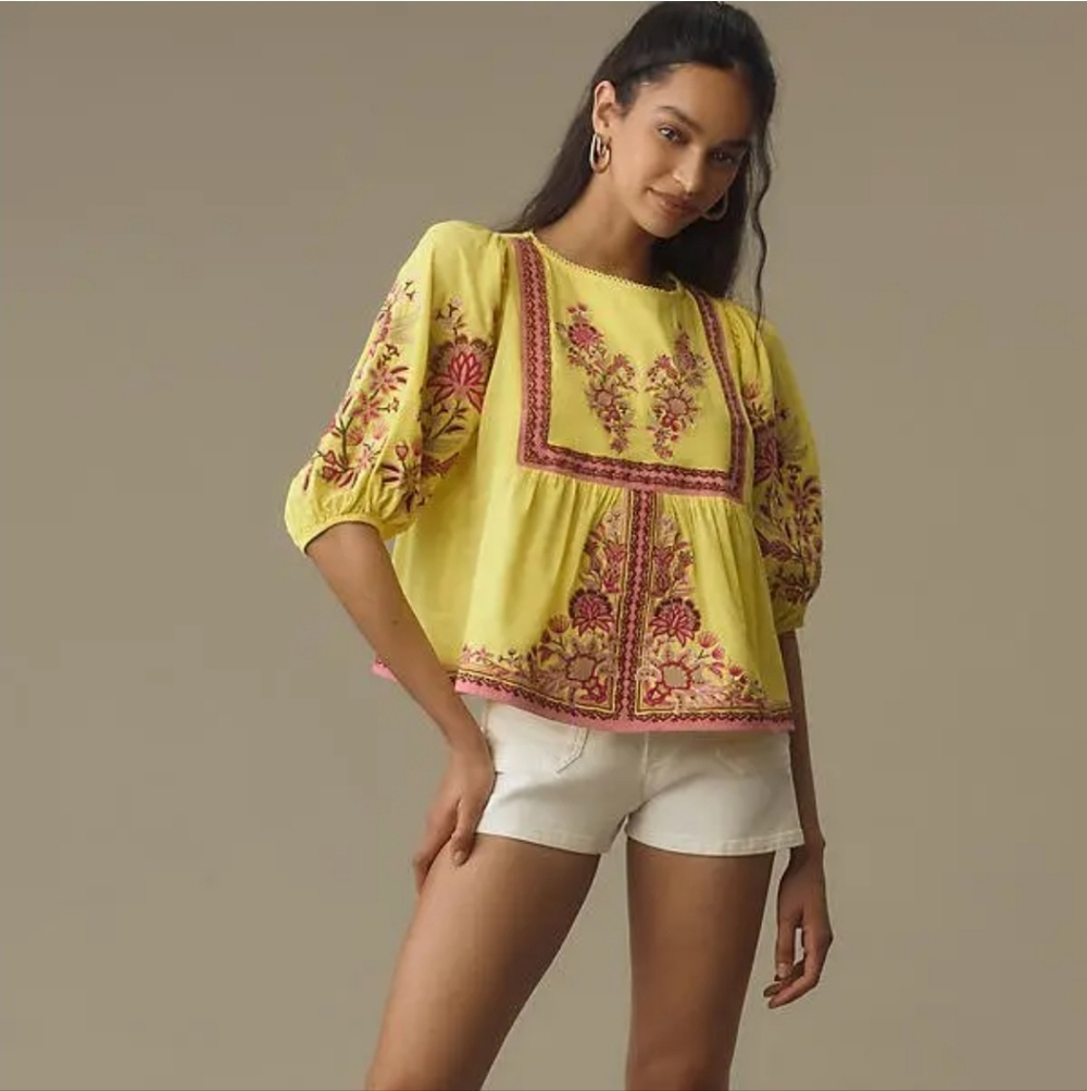 NWT Farm Rio Yellow Garden Tapestry Embroidered Blouse - Size S
